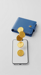 Poster - Blue wallet and gold dollar coins falling onto smartphone screen, showcasing mobile payment concept, symbolizing digital transaction, financial technology, and online banking