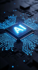 Poster - Close-up of AI symbol on glowing microchip, embedded in circuit board, illustrating artificial intelligence technology concept