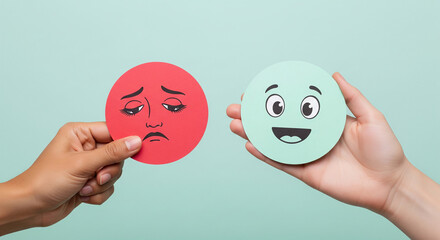 Aufkleber - Two hands hold round paper cutouts: a red sad face and a teal happy face against a light green background Showcases contrasting emotions, ideal for mental health or mood concepts