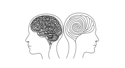 Poster - Line art depicting two profiles, each with a brain represented by contrasting patterns: tangled lines and a spiral, symbolizing mental states, order vs chaos