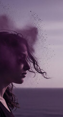 Poster - Profile of a woman, partially dissolving into purple dust particles, evocative of transformation, fragility, or memory