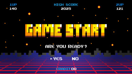 Aufkleber - Game start.pixel art .8 bit game.retro game. for game assets in vector illustrations.Retro Futurism Sci-Fi Background. glowing neon grid.and stars from vintage arcade comp	