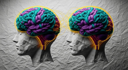 Poster - Two heads profile view, brains represented as interwoven teal and purple yarn, connected by glowing lines, set against a textured gray background, symbolizing interconnected minds or shared thoughts
