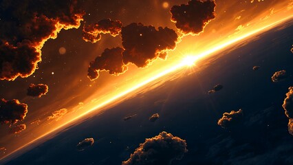 Wall Mural - A fiery sunset or sunrise viewed from space with dark clouds illuminated by bright, glowing orange and yellow light along Earth's curved horizon.