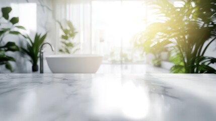 Poster - Sunlit modern bathroom with a marble countertop, white basin, and lush green plants creating a fresh, serene atmosphere.