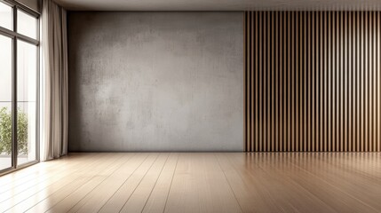 Poster - Modern empty room with wooden flooring, a concrete wall, and a slatted wood accent wall next to large glass doors with curtains.