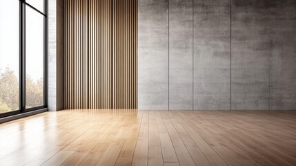 Poster - A spacious, modern empty room features large floor-to-ceiling windows, wooden floors, a textured concrete wall, and a decorative vertical slatted wood panel.