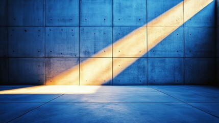 Poster - A bright, angled ray of sunlight illuminates a minimalist concrete room with blue tones, creating striking contrast and geometric patterns on the walls and floor.