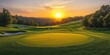 © Planetz - A serene golf course at sunset with a putting green, flagstick, sand bunkers, and rolling hills surrounded by trees.