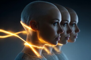 Poster - Woman with confidence, connected by a glowing ribbon thread concept of transformation