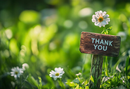 Thank you sign amidst daisies in a green field on a sunny day outdoors