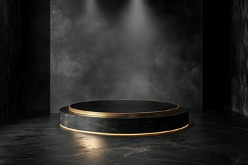 ultra HD image of Black dark and gold luxury empty podium background with presentation product stand cosmetic display on pedestal and premium 