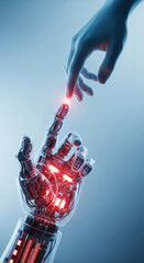 Poster - Human hand touches robotic hand, showcasing technological advancement and human-machine interaction, symbolizing future collaboration and innovation