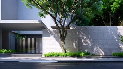 Poster - Elegant architecture harmonizes with lush greenery, creating a tranquil outdoor space that blends modern design with nature
