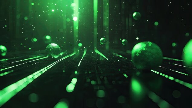 Emerald-hued, glowing digital corridor