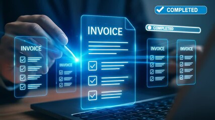 Leinwandbilder - Digital invoice management and electronic document automation for business finance with online payment technology, checklist, completed status, and modern office process management