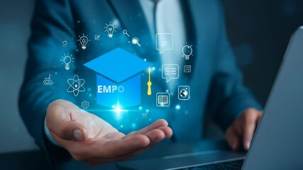 Poster - Digital education and online learning technology innovation virtual classroom with business professional holding glowing graduation cap icon, symbolizing e learning, knowledge, and future achievement