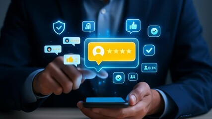 Poster - Customer review rating feedback social media digital marketing business communication satisfaction and trust concept with online technology and glowing icons using smartphone