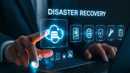 Aufkleber - Disaster recovery, data backup, cloud computing, cybersecurity, business continuity, technology, IT support, and network protection concept with person interacting with digital interface