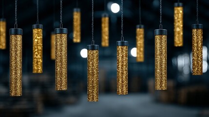 Fototapete - Gold glitter cylinder lights hanging from chains.