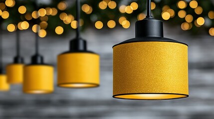 Fototapete - Close-up of cylindrical pendant lamps with yellow glitter shades.