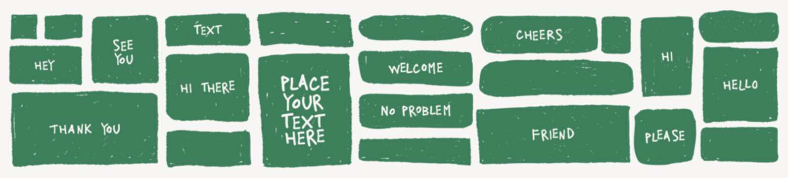 Green crayon speech blocks in irregular shapes for school boards, chalk kid graphics, editable notes, children’s quotes.  Rough text box form fits classroom elements, learning materials.