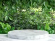 © Beras - high definition image of White stone product display podium with nature leaves background high detail 8k