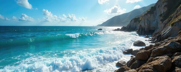 Wall Mural - Vast, turquoise ocean waves crash against a dramatic rocky coastline under a vibrant blue sky The sun glints off the water's surface, creating a breathtaking seascape , color, rocks