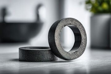 Aufkleber - Elegant black stone rings displayed on a stylish countertop with a blurred background highlighting modern decor