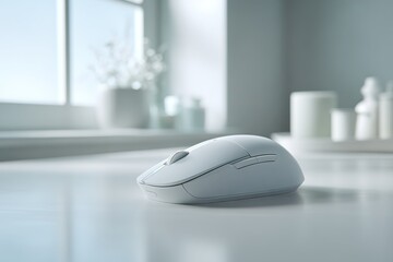 Poster - Sleek white computer mouse resting on a minimalist desk in a bright, modern workspace during daylight hours