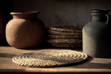 Poster - Rustic kitchenware on wooden table with woven placemat and clay pots during soft afternoon light
