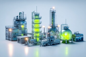 Poster - Miniature industrial complex with glowing elements set against a neutral background
