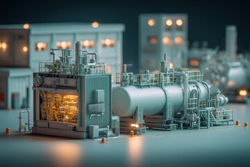 Poster - Industrial facility featuring intricate machinery and illuminated components showcasing advanced engineering at twilight
