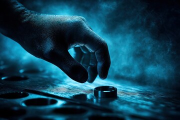 Poster - Mysterious hand approaching a metal ring in a darkened environment with blue smoke