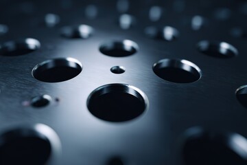 Poster - Close-up view of textured metal plate featuring various circular holes and reflections in low light