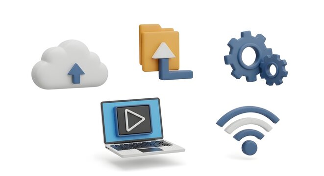 Cloud Data Transfer and Laptop Streaming | 3D Technology Icons for Internet Services and Software Applications