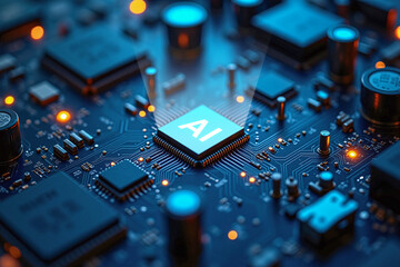 Poster - glowing circuit board semiconductor microchip with AI text, digital technology background
