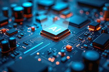 Poster - glowing circuit board semiconductor microchip with AI text, digital technology background