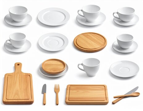 kitchen 3D vector icon set._cup,egg beater,knife,plate,cutting board,spatula,spoon fo