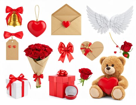 3d rendering. Valentine's Day icons set on a white background winged bell, heart tag,
