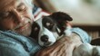 © svastix - A heartwarming image of a joyful elderly man snuggled up with a sleeping dog, capturing the themes of companionship, love, and comfort in a serene, cozy setting.