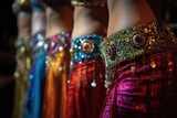 Vibrant coin adorned belly dance belts sway as performers move viewed from the back in a line
