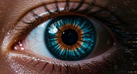 Wall Mural - Eye, Human eye, Iris, Close-up of a Human Eye with Teal and Orange Iris