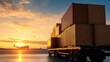© svastix - An expansive view of stacked cargo containers beside a runway as a plane takes off against a vibrant sunset, symbolizing global trade and transportation's importance.
