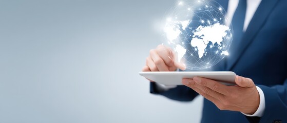 Poster - Businessman Using a Tablet with Digital Globe and Bright Light Effects Representing Technology Innovation and Global Connectivity Concept