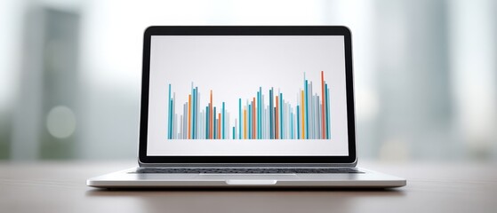 Aufkleber - Modern silver laptop on desk displaying colorful bar graph analytics with blurred window background illustrating technology data visualization and digital information