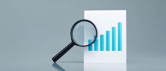 Poster - Business Analytics Graph with Magnifying Glass Showing Increasing Blue Bar Chart on White Paper for Data Analysis and Performance Growth