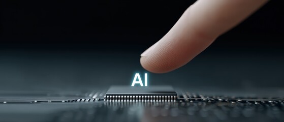 Poster - Close-up of a human finger pressing a microchip with glowing AI letters on a dark circuit board representing artificial ligence technology and digital innovation