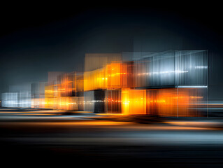 Poster - Abstract light trails dance across storage unit facades.