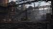 © Ahmdfadhilah - Industrial landscape with abandoned factory and smoke stacks amidst urban decay, forklift present